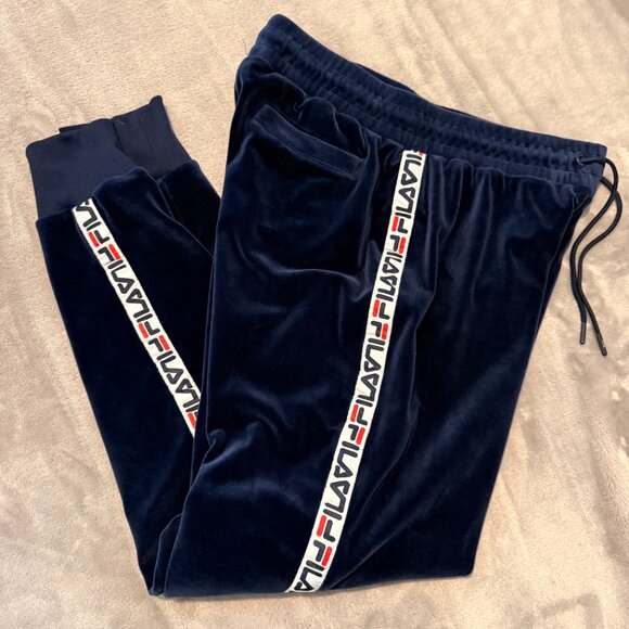 FILA Velour Track Suit Set Navy Blue Logo Tape Hoodie Joggers L/M - Picture 5 of 16